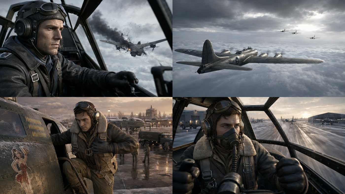 Four frames from one project showing the same character across different scenes, angles and lighting